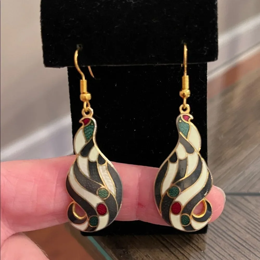 Vintage Cloisonné Black & White Striped Bird Earrings Multicolor Swirl Earrings